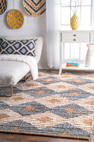 Off White Boardwalk Hand Braided Denim And Jute Striped Diamonds rug - Farmhouse Rectangle 8' 6in x 11' 6in