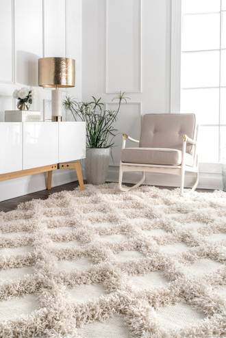 Ivory Pristina Shaggy Diamond Trellis rug - Contemporary Rectangle 10' x 13'
