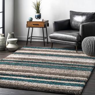 Blue Multi Keno Striped Shaggy rug - Contemporary Rectangle 12' x 18'