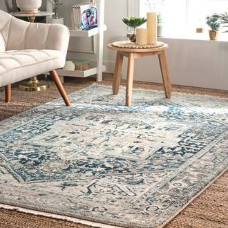 Dark Blue Edessa Fringed Medallion rug - Traditional Rectangle 9' x 12'