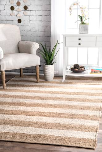 Off White Responsibly Handcrafted Jute And Denim Even Stripes rug - Farmhouse Rectangle 9' 6in x 13' 6in