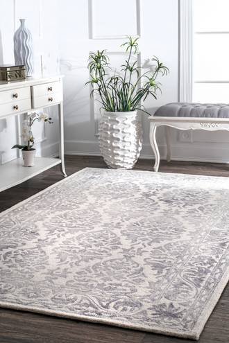 Gray Dip Dyed Damask Border rug - Transitional Rectangle 9' 6in x 13' 6in