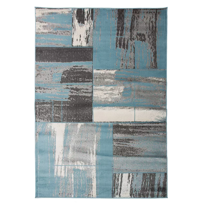World Rug Gallery Toscana Contemporary Distressed Geometric Boxes Rug, Blue, 2X3 Ft